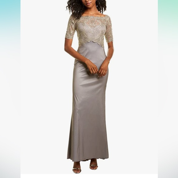 Tadashi Shoji Elbow SLV Gown W/Corded Lace Bodice & Taffeta Skirt Size 12P NEW - Picture 4 of 7